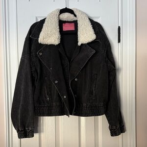 Signature Black Denim Jacket with Cream Collar